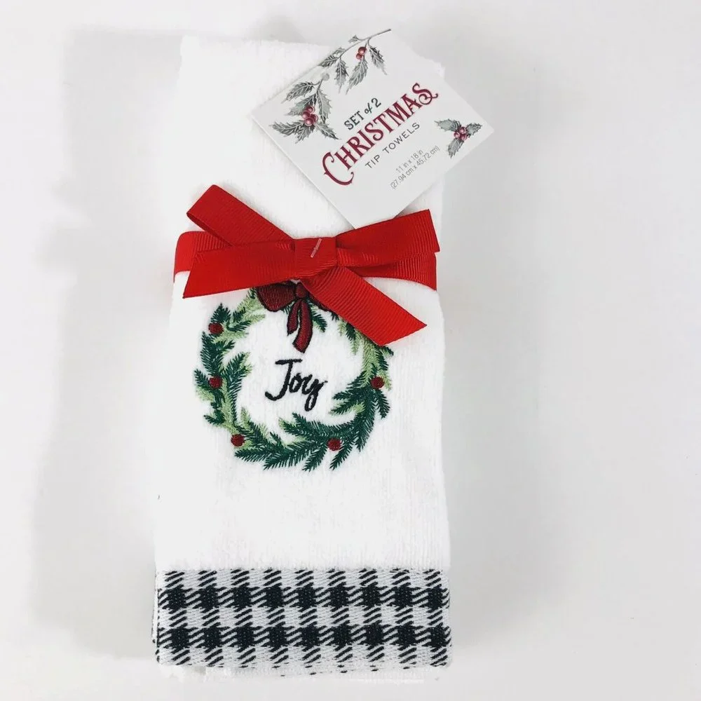 Christmas Tip Towels Set of 2 Fingertip Embroidered Joy Wreath 11 x 16 New
